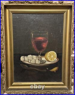 Antique American Folk Art Still Life Painting Lemon, Wine and Sugar Dated 1901