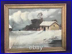 Antique American Folkart Homestead Winter Landscape Oil Painting On Wood Board