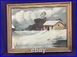 Antique American Folkart Homestead Winter Landscape Oil Painting On Wood Board