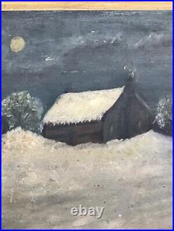 Antique American Folkart Night Time Winter Landscape Oil Painting On Wood Board