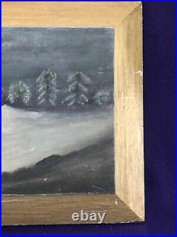 Antique American Folkart Night Time Winter Landscape Oil Painting On Wood Board