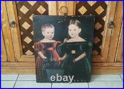 Antique American Lithograph Print Painting On Wood Family Folk Art Primitive