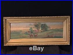 Antique American Naive Folk Oil On Board Pastoral Landscape Painting Cows OOB