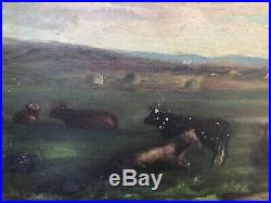 Antique American Naive Folk Oil On Canvas Pastoral Landscape Painting Cows
