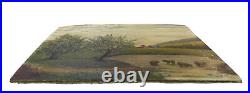 Antique American School Folk Art New England Cow Farm Landscape Oil Painting