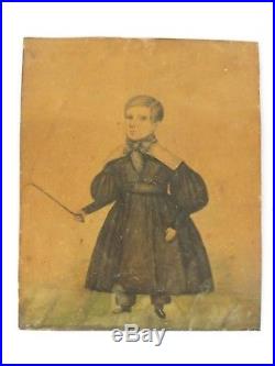 Antique American Small Folk Art Painting Boy with a Whip