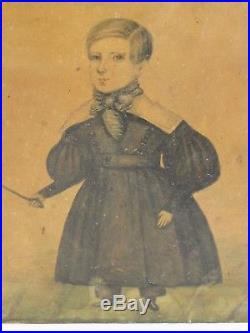 Antique American Small Folk Art Painting Boy with a Whip