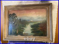 Antique American Southwest Folk Art Double Sided Painting Indians Deer Hunter