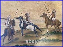 Antique American Southwest Folk Art Double Sided Painting Indians Deer Hunter