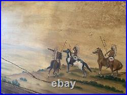 Antique American Southwest Folk Art Double Sided Painting Indians Deer Hunter