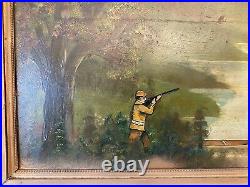 Antique American Southwest Folk Art Double Sided Painting Indians Deer Hunter