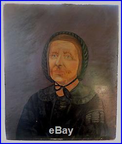 Antique American VICTORIAN Woman Naive FOLK ART Oil Portrait Painting c1860-70s