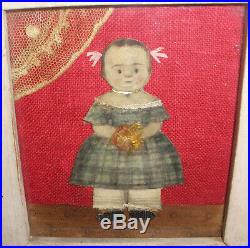 Antique American school 1827 primitive folk art miniature girl portrait painting