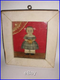 Antique American school 1827 primitive folk art miniature girl portrait painting