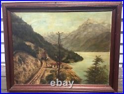 Antique Americana Folk Art Landscape Oil Painting with Railroad Station AAFA