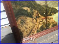 Antique Americana Folk Art Landscape Oil Painting with Railroad Station AAFA