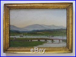 Antique Americana Painting Folk Naive Primitive Old Steamboat River Lake Old Art