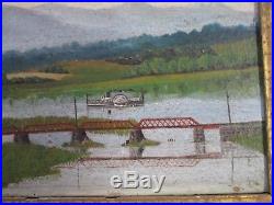 Antique Americana Painting Folk Naive Primitive Old Steamboat River Lake Old Art