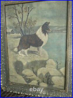 Antique Artist Signed Collie Dog Oil On Board Folk Art Primitive Painting