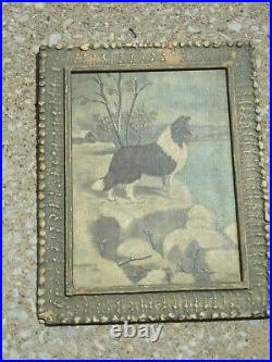 Antique Artist Signed Collie Dog Oil On Board Folk Art Primitive Painting