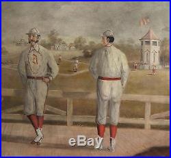Antique Authentic Oil Painting American Folk Art Baseball Game Players, Uniforms