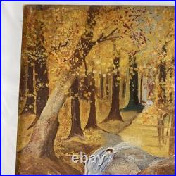 Antique Autumn Forest Tonalist Landscape Arts & Crafts Oil Painting Folk Art