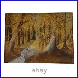 Antique Autumn Forest Tonalist Landscape Arts & Crafts Oil Painting Folk Art