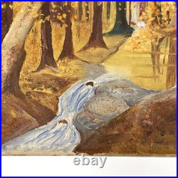 Antique Autumn Forest Tonalist Landscape Arts & Crafts Oil Painting Folk Art