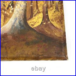 Antique Autumn Forest Tonalist Landscape Arts & Crafts Oil Painting Folk Art