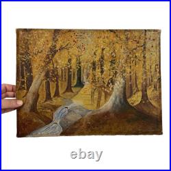 Antique Autumn Forest Tonalist Landscape Arts & Crafts Oil Painting Folk Art