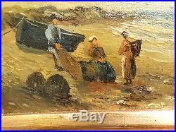 Antique BEACH FISHING Old NAUTICAL SEASCAPE Impressionist BOAT Folk Art PAINTING