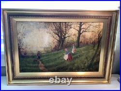 Antique British English Landscape Painting Family Hunt Folk Art 21.5 x 15 Antique British English Landscape Painting Family Hunt Folk Art 21.5 x 15