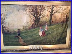Antique British English Landscape Painting Family Hunt Folk Art 21.5 x 15 Antique British English Landscape Painting Family Hunt Folk Art 21.5 x 15