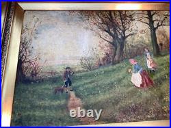 Antique British English Landscape Painting Family Hunt Folk Art 21.5 x 15 Antique British English Landscape Painting Family Hunt Folk Art 21.5 x 15