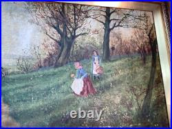 Antique British English Landscape Painting Family Hunt Folk Art 21.5 x 15 Antique British English Landscape Painting Family Hunt Folk Art 21.5 x 15