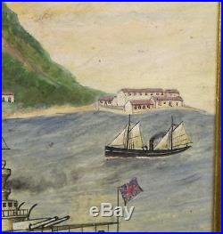 Antique British Navy Dreadnaught Steamships Chartham Hospital Folk Art Painting