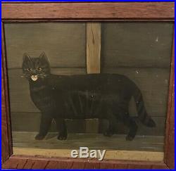 Antique CAT FOLK ART Oil On Board Painting