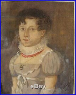 Antique Ca. 1800 Folk Art Portrait of Woman Coral Necklace Painting