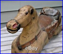 Antique Carved Wood Leather Painted Primitive Folk Art Rocking Horse Toy 19C