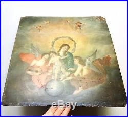 Antique Catholic Folk Art Painting, Madonna & Child 19th C. European Retablo 16