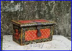 Antique Central European Hand Painted Wooden Strong Box Wood Folk Art Box