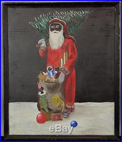 Antique Christmas Folk Art Oil Painting, Black Santa Claus & Black Childrens Toy