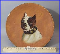 Antique Circa 1900 Folk Art Paper Mache Oil Painting Boston Terrier Dog Collar