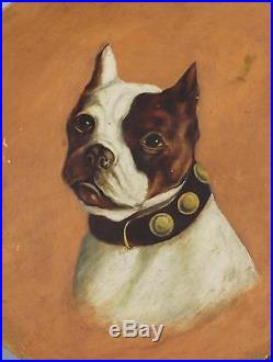 Antique Circa 1900 Folk Art Paper Mache Oil Painting Boston Terrier Dog Collar