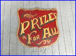 Antique Circus Carnival 2 Sided Wood Folk Art Painting Sign PRIZES FOR ALL GAME