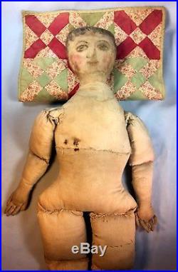 Antique Cloth Primitive Folk Art Rag Doll Oil Painted Face Large 28 Sweet