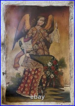 Antique Cuzco Colonial Oil Painting Archangel Gabriel 25.5X18 Inches