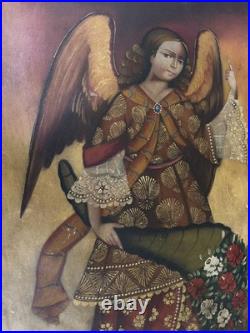 Antique Cuzco Colonial Oil Painting Archangel Gabriel 25.5X18 Inches