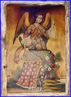 Antique Cuzco Colonial Oil Painting Archangel Gabriel 25.5X18 Inches