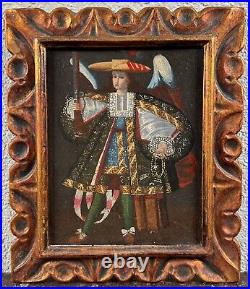 Antique Cuzco Spanish Colonial Angel with Rifle Oil Painting Archangel Arcabucero